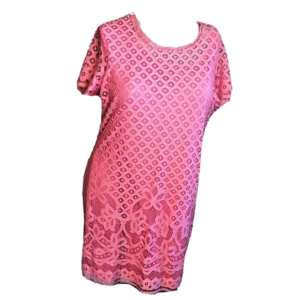Isaac Mizrahi Live Womens Dress Stretch  Sz Large Pink Lace Fringe Short Sleeve